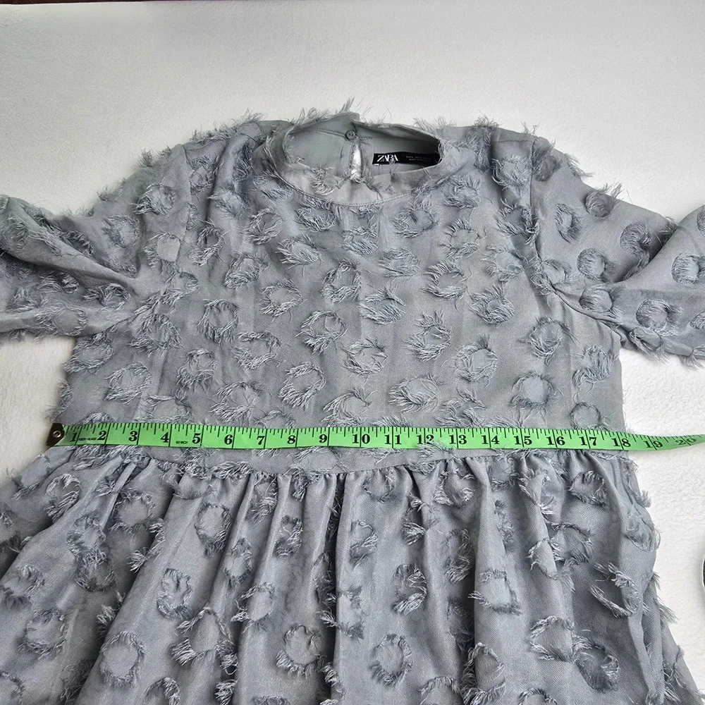 Zara Textured Fringe Circle Applique Babydoll Mini Dress Dusty Blue Small - Picture 9 of 10